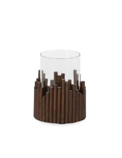 Bougeoir Rond Brun En Bois Et Verre, Thai Natura